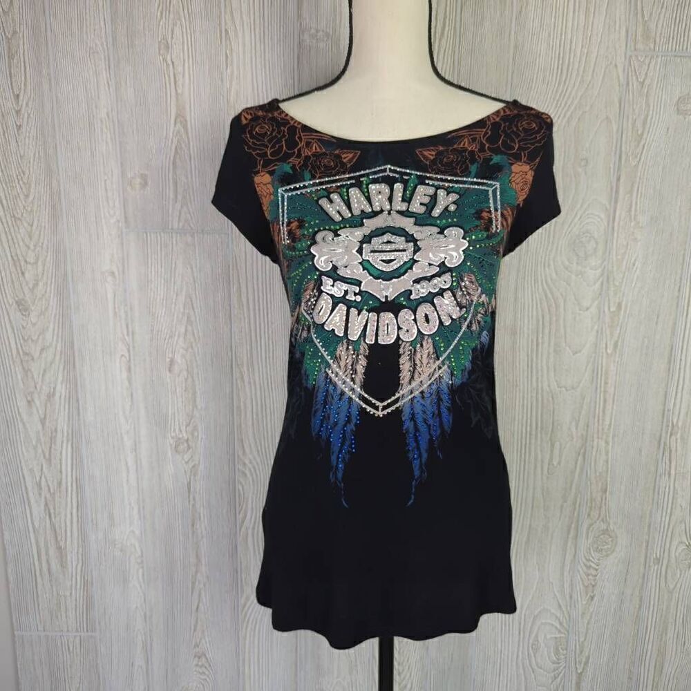 Vintage 90s Harley Davidson Women’s Medium Black Embellished Wings Shirt Top